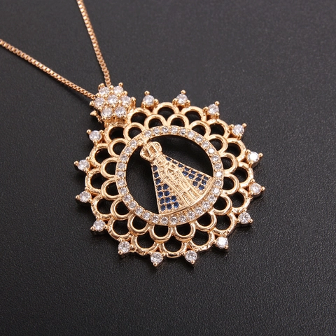 Collar Con Colgante Religioso Vintage Nuestra Señora De Aparecida Cobre Chapado En Oro Circonia Incrustada Joyas De Lujo