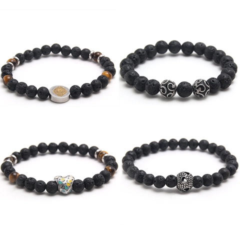 Lava Stone Tiger Eye Beaded Bracelet For Men Women Stainless Steel Religious Medallion Heart Pendant Elastic Strand Bracelet Vintage Jewelry