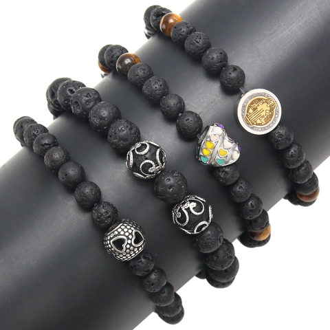 Lava Stone Tiger Eye Beaded Bracelet For Men Women Stainless Steel Religious Medallion Heart Pendant Elastic Strand Bracelet Vintage Jewelry