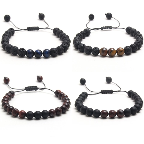 Natural Stone Tiger Eye Lava Rock Beaded Bracelet For Men Women Adjustable Woven Rope Matte Agate Healing Jewelry Gift