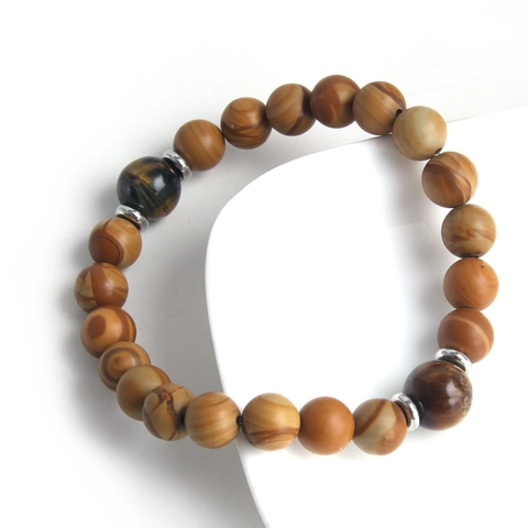 Natural Yellow Tiger Eye And Picture Jasper Beaded Bracelet For Women Men Stainless Steel Elastic Vintage Hand Jewelry