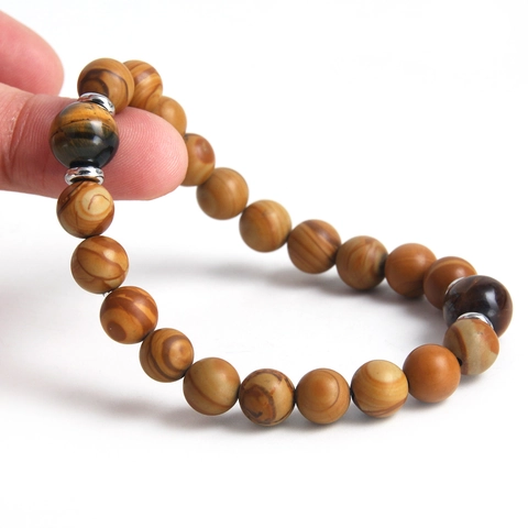Natural Yellow Tiger Eye And Picture Jasper Beaded Bracelet For Women Men Stainless Steel Elastic Vintage Hand Jewelry