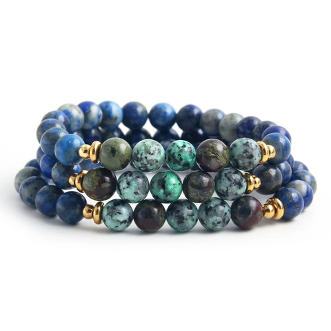 Lapis Lazuli African Turquoise Beaded Bracelet Gold Plated Stainless Steel Spacers Natural Stone Elastic Hand Jewelry Gift