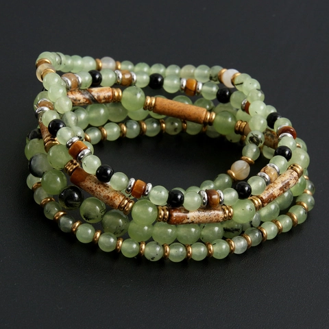 Handmade Natural Prehnite Picture Stone Beaded Bracelet With Gold Plated Stainless Steel Spacers Ethnic Women Jewelry