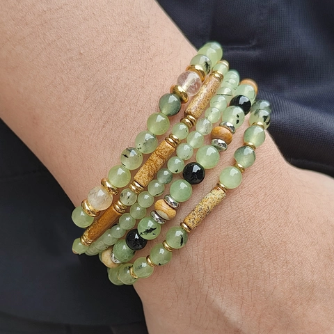 Natural Prehnite Picture Stone Beaded Bracelet For Women Men Stainless Steel Obsidian Wood Spacers Ethnic Vintage Handmade Jewelry Gift