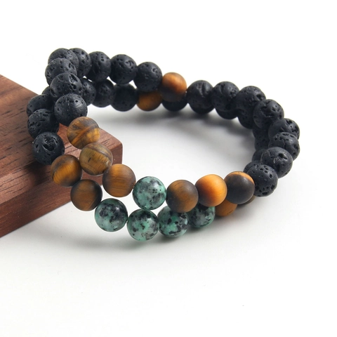 Natural Stone Beaded Bracelet For Men African Turquoise Yellow Tiger Eye Lava Stone Stretch Elastic Bracelet Handmade Fashion Jewelry