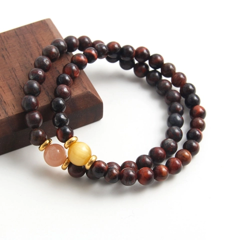 Red Tiger Eye Natural Stone Beaded Bracelet With Gold Plated Stainless Steel Spacers Pink Yellow Charm Elastic Stretch Bracelet Women Jewelry