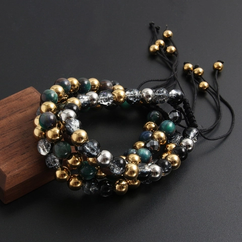 Stainless Steel Natural Stone Beaded Bracelet For Men Women Adjustable Braided Rope Bracelet Glass Bead Trendy Jewelry