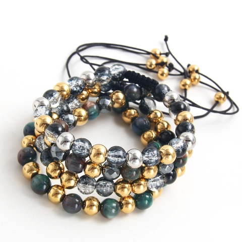 Stainless Steel Natural Stone Beaded Bracelet For Men Women Adjustable Braided Rope Bracelet Glass Bead Trendy Jewelry