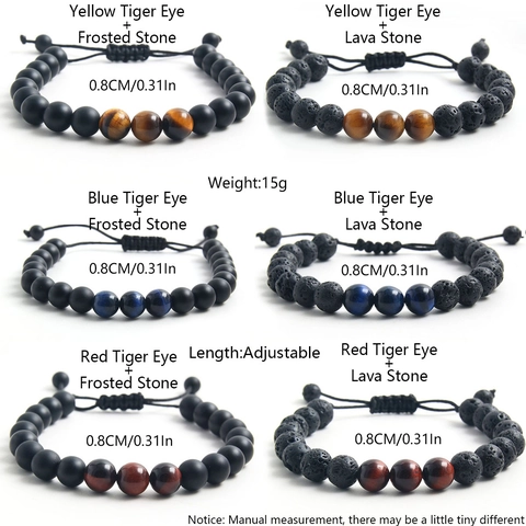 Bracelet en Perles de Pierre de Lave Oeil de Tigre Naturel pour Hommes Femmes Bracelet en Cordon Réglable Tissé à la Main Bijoux en Pierre d'Energie