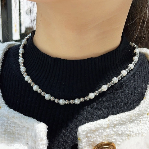 Collar de Cuentas de Acero Inoxidable de Moda para Mujer Chapado en Oro Plata Perlas Artificiales Gargantilla Joyería Regalo