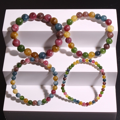 Natural Stone Tourmaline Beaded Bracelet For Women Men Colorful Round Bead Handmade Stretch Bracelet Fashion Jewelry Gift