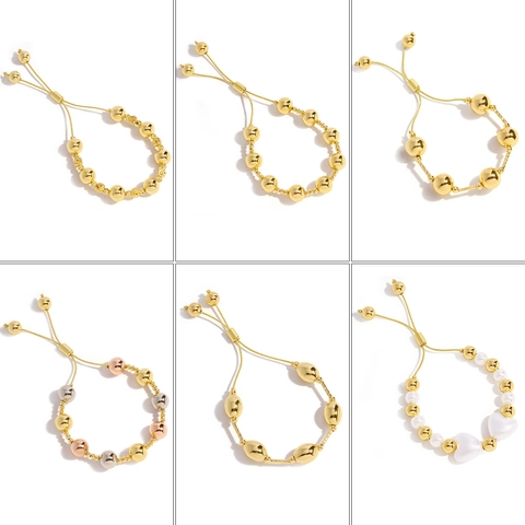 18k Gold Plated Copper Bead Bracelet For Women Baroque Imitation Artificial Pearl Heart Charm Adjustable Pull Cord Fashion Jewelry