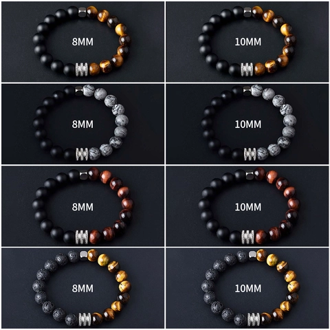 Natural Tiger Eye Obsidian Beaded Bracelet For Men Women Matte Stone Lava Rock Map Stone Elastic Retro Unisex Charm Bracelet Jewelry