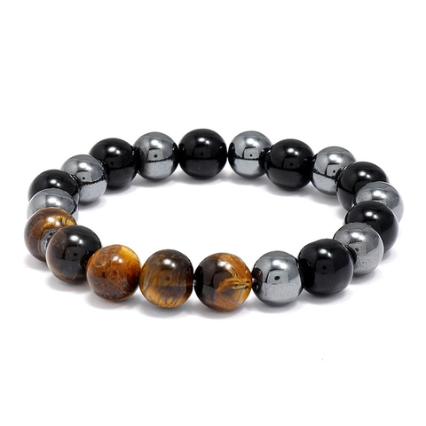Men's Tiger Eye Obsidian Hematite Beaded Bracelet Triple Protection Healing Stone Bracelet Handmade Elastic Jewelry Gift