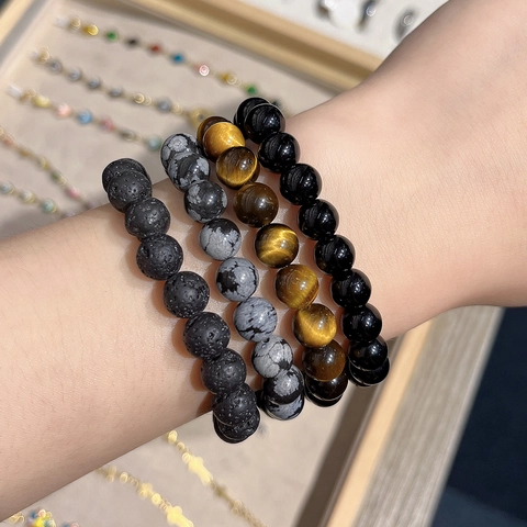 Natural Stone Beads Bracelet For Women Men Lava Stone Tiger Eye Snowflake Obsidian Minimalist Elastic Beaded Bracelet Jewelry