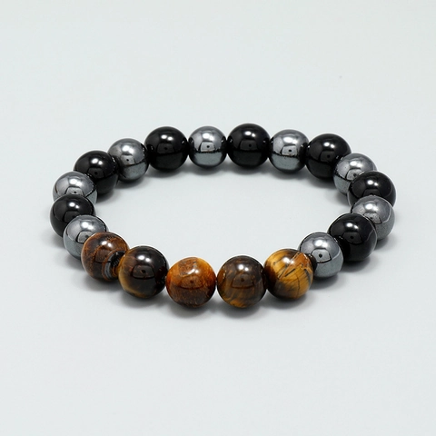 Men's Tiger Eye Obsidian Hematite Beaded Bracelet Triple Protection Healing Stone Bracelet Handmade Elastic Jewelry Gift