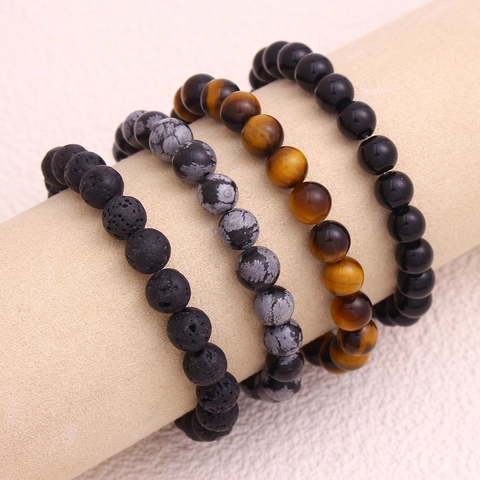 Natural Stone Beads Bracelet For Women Men Lava Stone Tiger Eye Snowflake Obsidian Minimalist Elastic Beaded Bracelet Jewelry