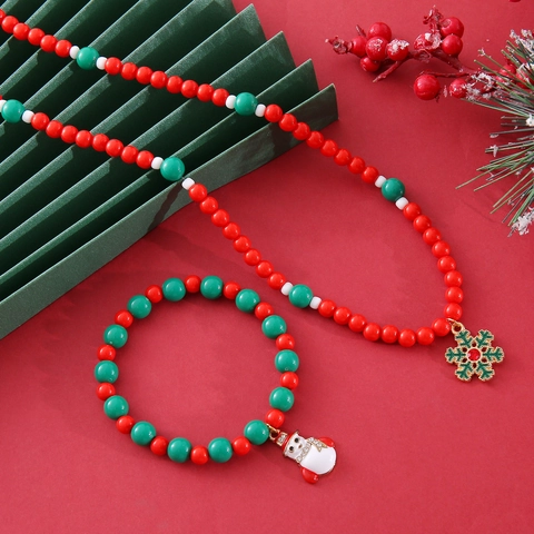Weihnachten Perlen Schmuck Set Für Damen Legierung Emaille Schneeflocke Anhänger Halskette Schneemann Armband Festliche Party