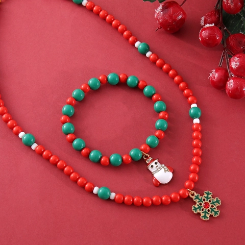 Weihnachten Perlen Schmuck Set Für Damen Legierung Emaille Schneeflocke Anhänger Halskette Schneemann Armband Festliche Party