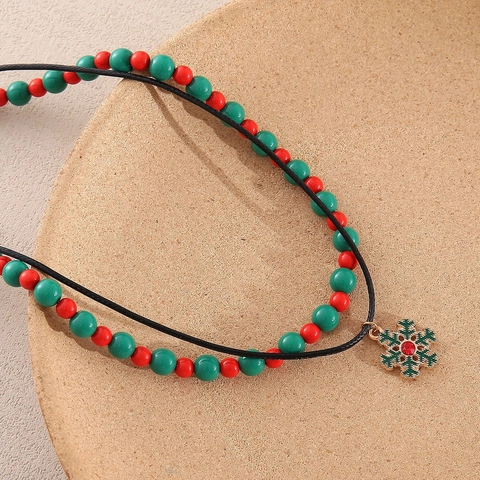 Kerstmis Rood Groen Plastic Kralen Halsketting Legering Groene Sneeuwvlok Hanger Zwart Waskoord Vrouwen Feestelijke Sieraden