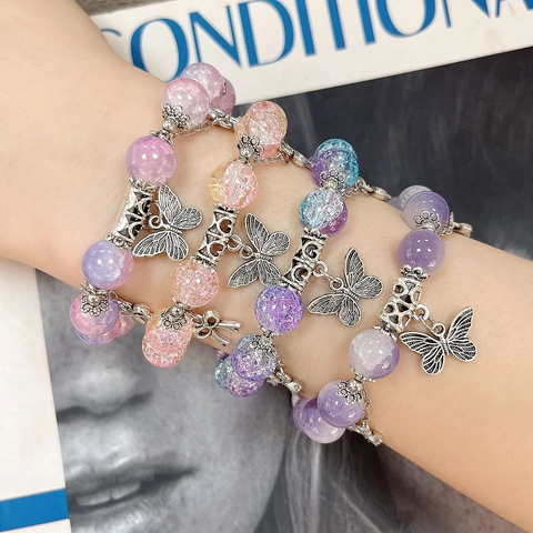Elegante Pulsera de Cuentas de Vidrio con Colgante de Aleación de Mariposa Pulsera Elástica de Cuentas con Degradado para Mujer Regalo de Joyería de Moda