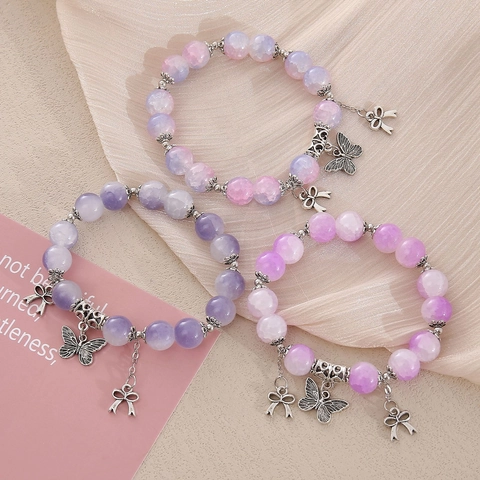 Elegante Pulsera de Cuentas de Vidrio con Colgante de Aleación de Mariposa Pulsera Elástica de Cuentas con Degradado para Mujer Regalo de Joyería de Moda