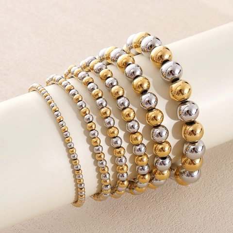 Minimalist Stainless Steel Beaded Bracelet Two Tone Gold Silver Plated Round Beads Elastic Wristband For Women Men Fashion Jewelry