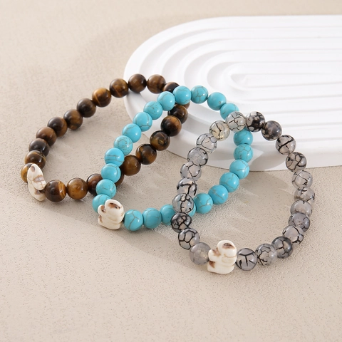 Natural Stone Glass Beads Bracelet Elephant Skull Charm Elastic Handwoven Bracelet For Men Women Bohemian Jewelry Gift