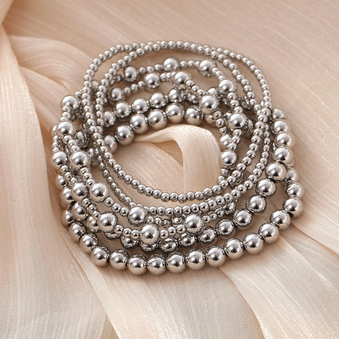 Bohemian Stackable Copper Bead Bracelets For Women Silver Color Stretch Elastic Beaded Hand String Geometric Fashion Jewelry