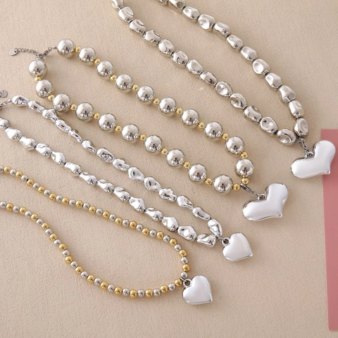 Punk Heart Pendant Metallic Beaded Necklace Choker For Women Stainless Steel CCB Gold Silver Bold Statement Neck Jewelry Gift