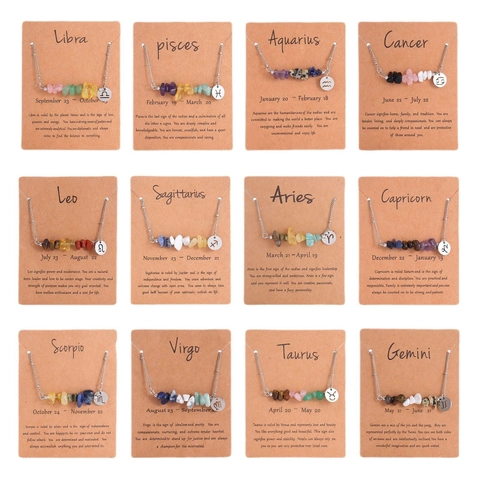 Stainless Steel Zodiac Natural Stone Chip Pendant Necklace For Women Twelve Constellations Charms Personalized Jewelry Gift