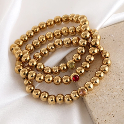 Stainless Steel Birthstone Beaded Bracelet Minimalist Gold Plated Twelve Month Round Zirconia Charm Bracelet For Women Men Birthday Gift Jewelry
