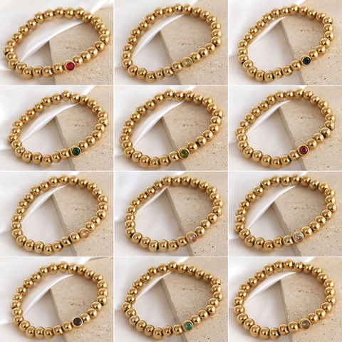 Stainless Steel 18K Gold Plated Bead Bracelet For Women Birthstone Rhinestone Elastic String Beaded Jewelry Gift