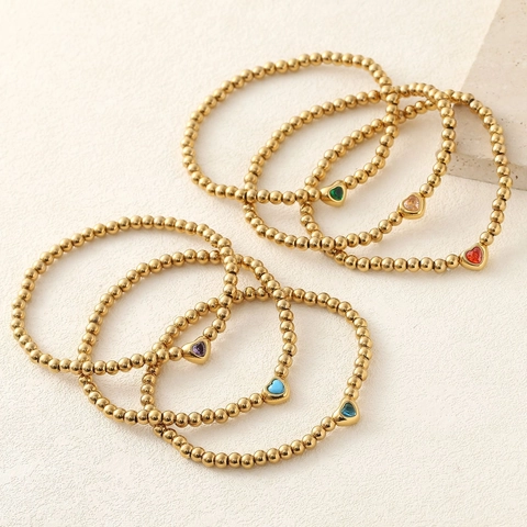 Stainless Steel Gold Beaded Bracelet For Women Colorful Heart Cubic Zirconia Charm Elastic Stretch Fashion Jewelry Wristband