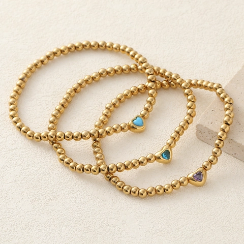 Stainless Steel Gold Beaded Bracelet For Women Colorful Heart Cubic Zirconia Charm Elastic Stretch Fashion Jewelry Wristband