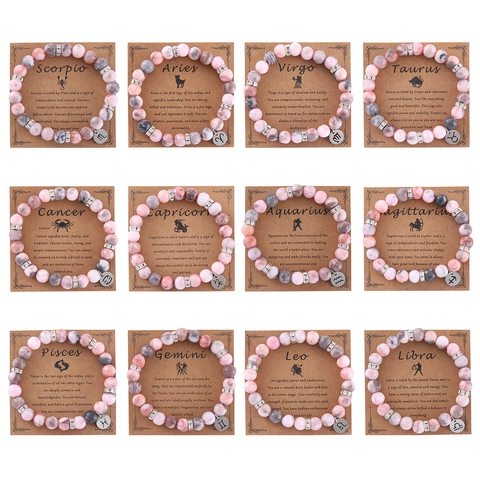12 Zodiac Signs Pink Zebra Natural Stone Beaded Bracelet With Rhinestone Alloy Charms Elastic Constellation Jewelry Gift For Men Women