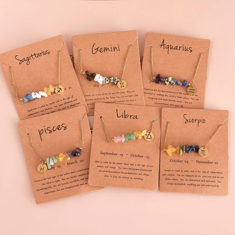Zodiac Sign Natural Crushed Stone Necklace Stainless Steel Chain Gold Plated Personalized Birthday Gift Women Jewelry