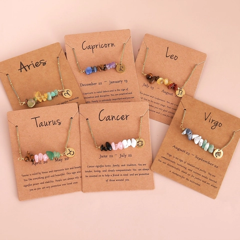 Zodiac Sign Natural Crushed Stone Necklace Stainless Steel Chain Gold Plated Personalized Birthday Gift Women Jewelry