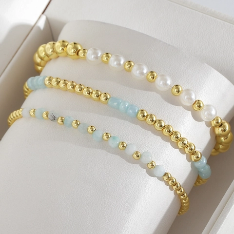 Trendiges Kupfer Perlenarmband Kollektion Damen Herren Vergoldet Naturstein Künstliche Perle Glasperlen Handschmuck Sommer Geschenk