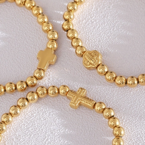 Women's Stainless Steel Gold Beaded Bracelet With Cross Pendant Religious Religious Hand Jewelry Stackable Round Bead Bracelet