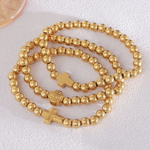 Women's Stainless Steel Gold Beaded Bracelet With Cross Pendant Religious Religious Hand Jewelry Stackable Round Bead Bracelet