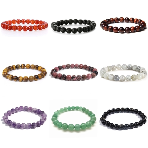 Natural Stone Beaded Bracelet For Men Women Tiger Eye Obsidian Agate Elastic Round Bead Bracelet Handmade Healing Jewelry Gift