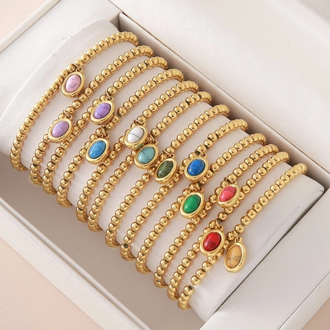 Verguld Roestvrij Staal Ronde Kralen Armband Voor Vrouwen Natuursteen Geboortesteen Ovaal Hanger Sieraden Cadeau