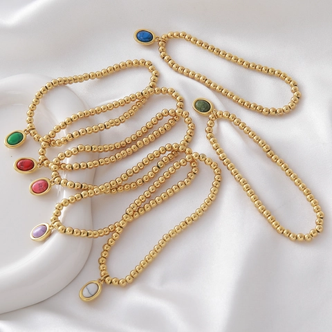 Verguld Roestvrij Staal Ronde Kralen Armband Voor Vrouwen Natuursteen Geboortesteen Ovaal Hanger Sieraden Cadeau