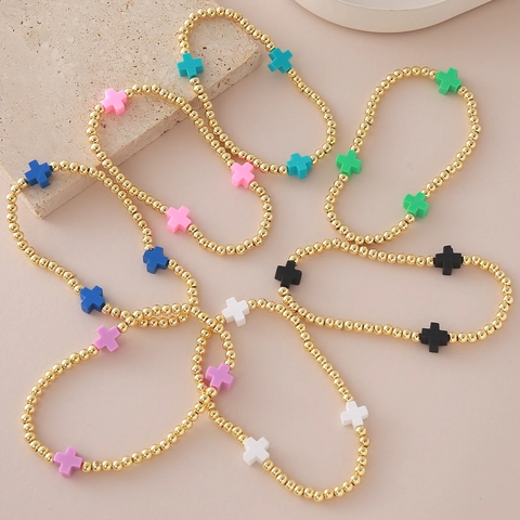 Fashion Colorful Polymer Clay Cross Copper Bead Bracelet Simple Gold Plated Beaded Elastic Stretch Bracelet Jewelry Gift