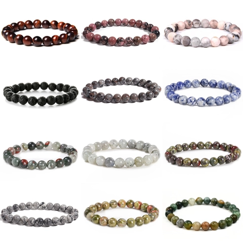 Natural Stone Lava Tiger Eye Amazonite Bracelet Elastic Cord Round Bead For Men Women Hand Polished Fashion Jewelry Gift