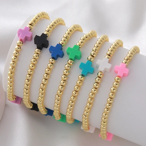 Fashion Colorful Polymer Clay Cross Copper Bead Bracelet Simple Gold Plated Beaded Elastic Stretch Bracelet Jewelry Gift