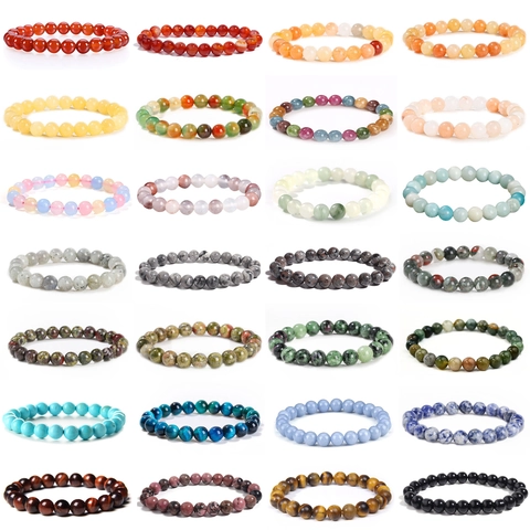 Natural Crystal Stone Round Bead Bracelet For Men Women Healing Energy Agate Tiger Eye Jasper Quartz Stretch Bracelet Fashion Jewelry