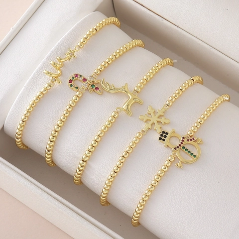 18K Gold Plated Copper Christmas Beaded Bracelet For Women With Reindeer Snowflake Snowman Candy Cane Charm Festive Jewelry Gift